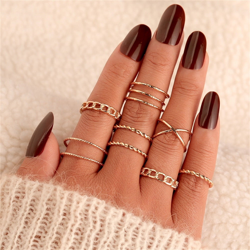 FNIO Bohemian Gold Chain Rings Set For Women Fashion Boho Coin Snake Moon Rings Party 2021 Trend Jewelry Gift
