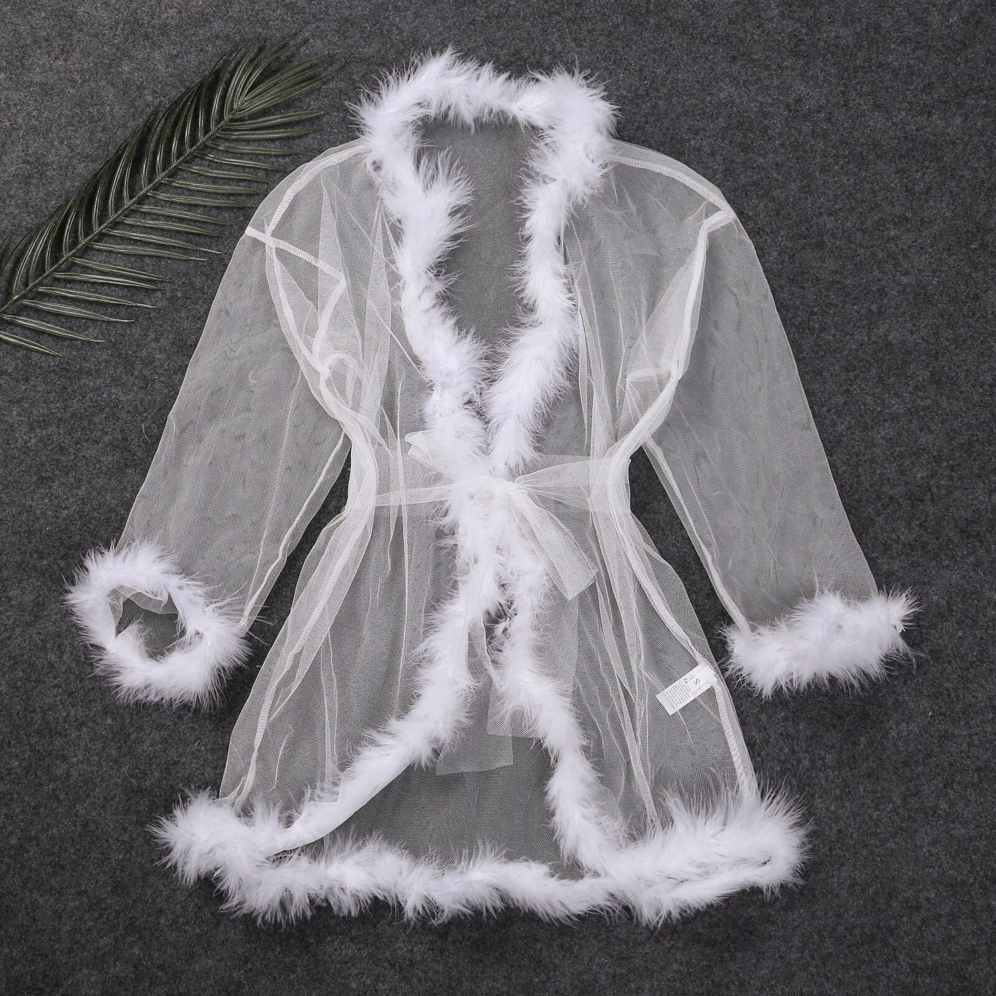 Sexy Women Sexy Lingerie Mesh Sheer See Through Long Flare Sleeve Feather Dress Nightwear Robe Night Gown Erotic Hot