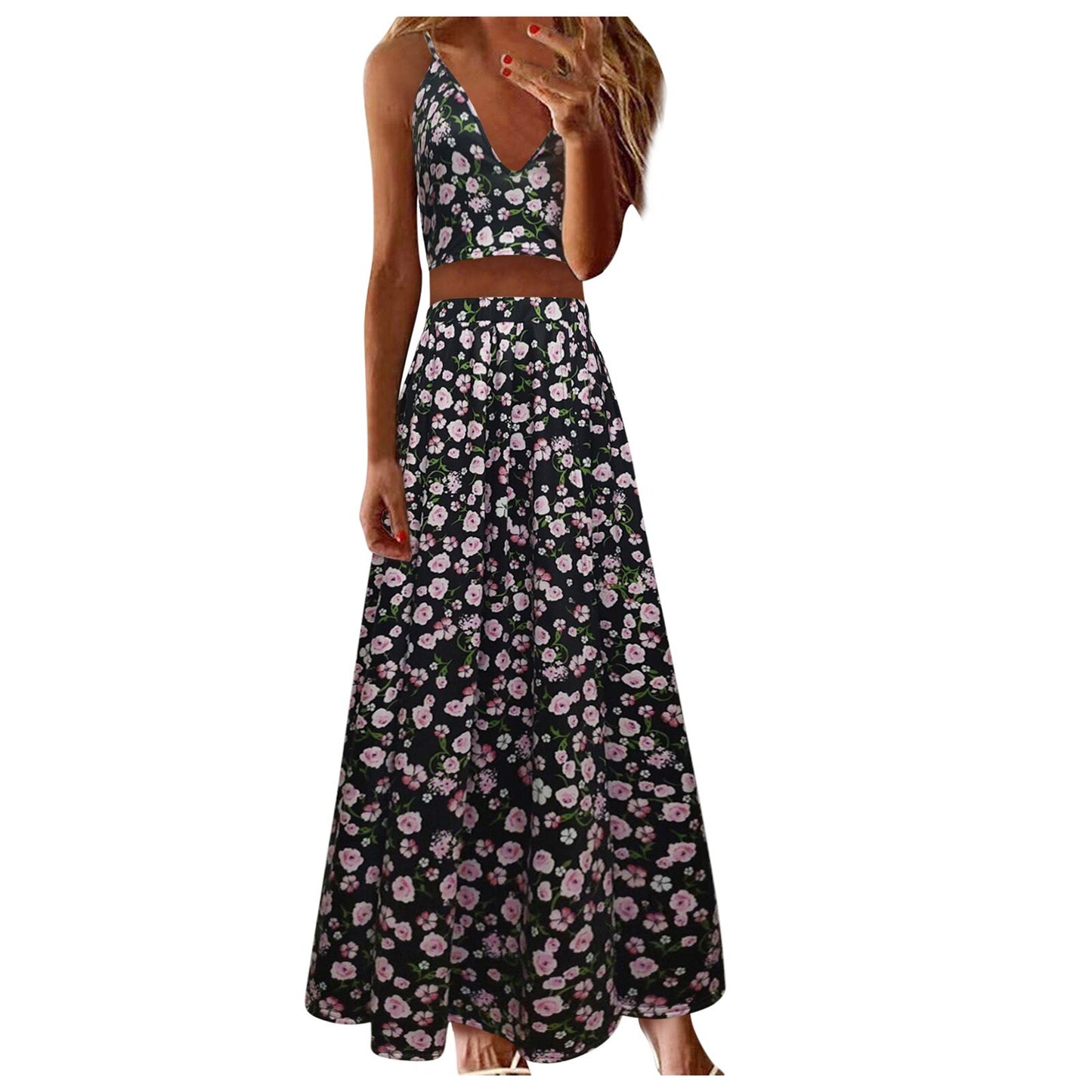 Women  V Neck Solid Crop Top And Sheer Holiday Dress Sets FashionHigh Slit Maxi Skirt Sexy Casual Women Summer Dress Sets 2021