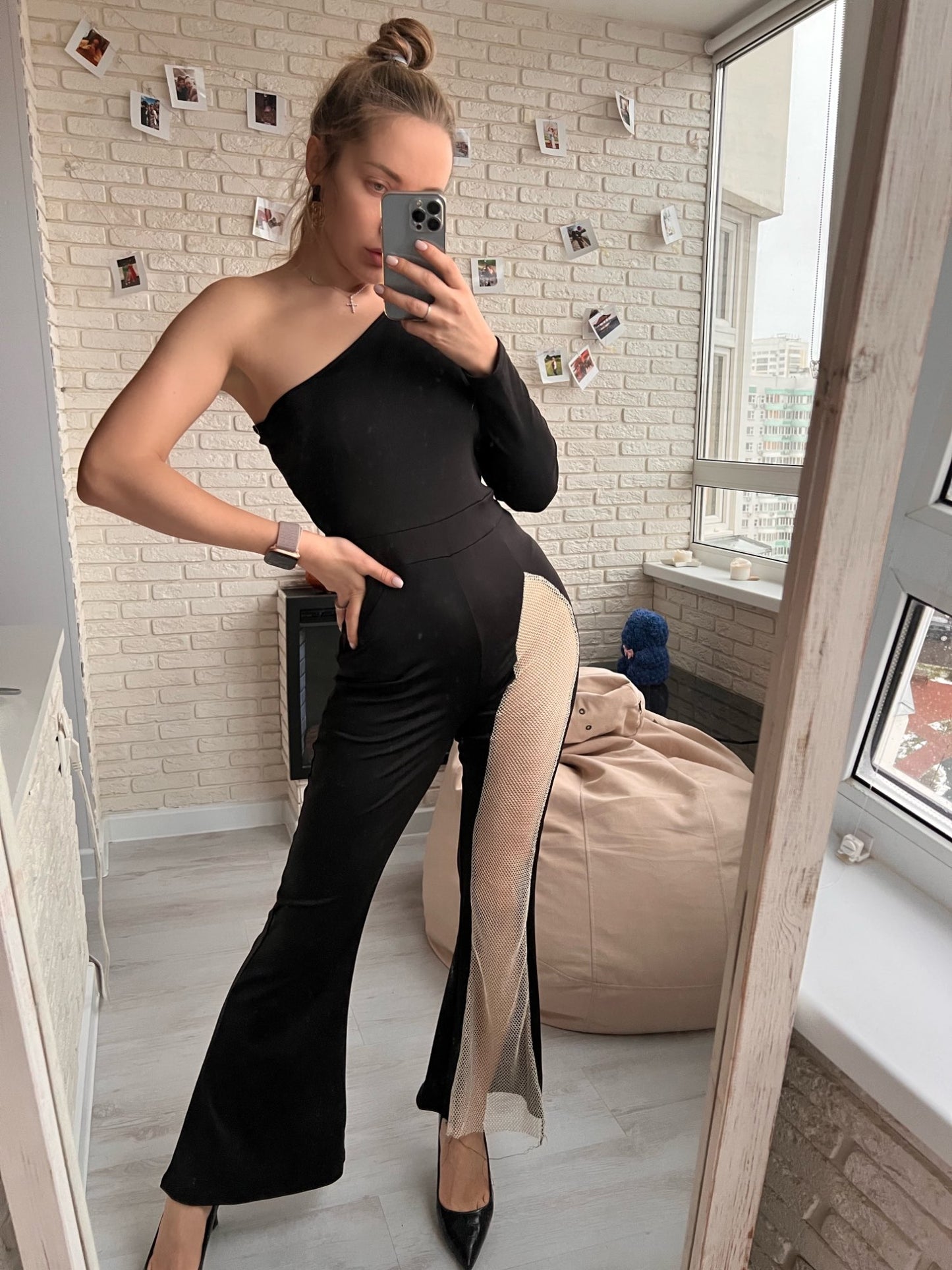 Sexy Wide Leg Jumpsuit for Women Bodycon Fishnet Patchwork One Shoulder Long Sleeve Jumpsuits Evening Party Outfits Black White