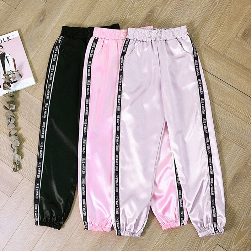 2021 Fashion Women Big Pocket Satin  Pants Glossy Sport Ribbon Trousers BF Harajuku Joggers Sports Pants Gym Leggings Dropship