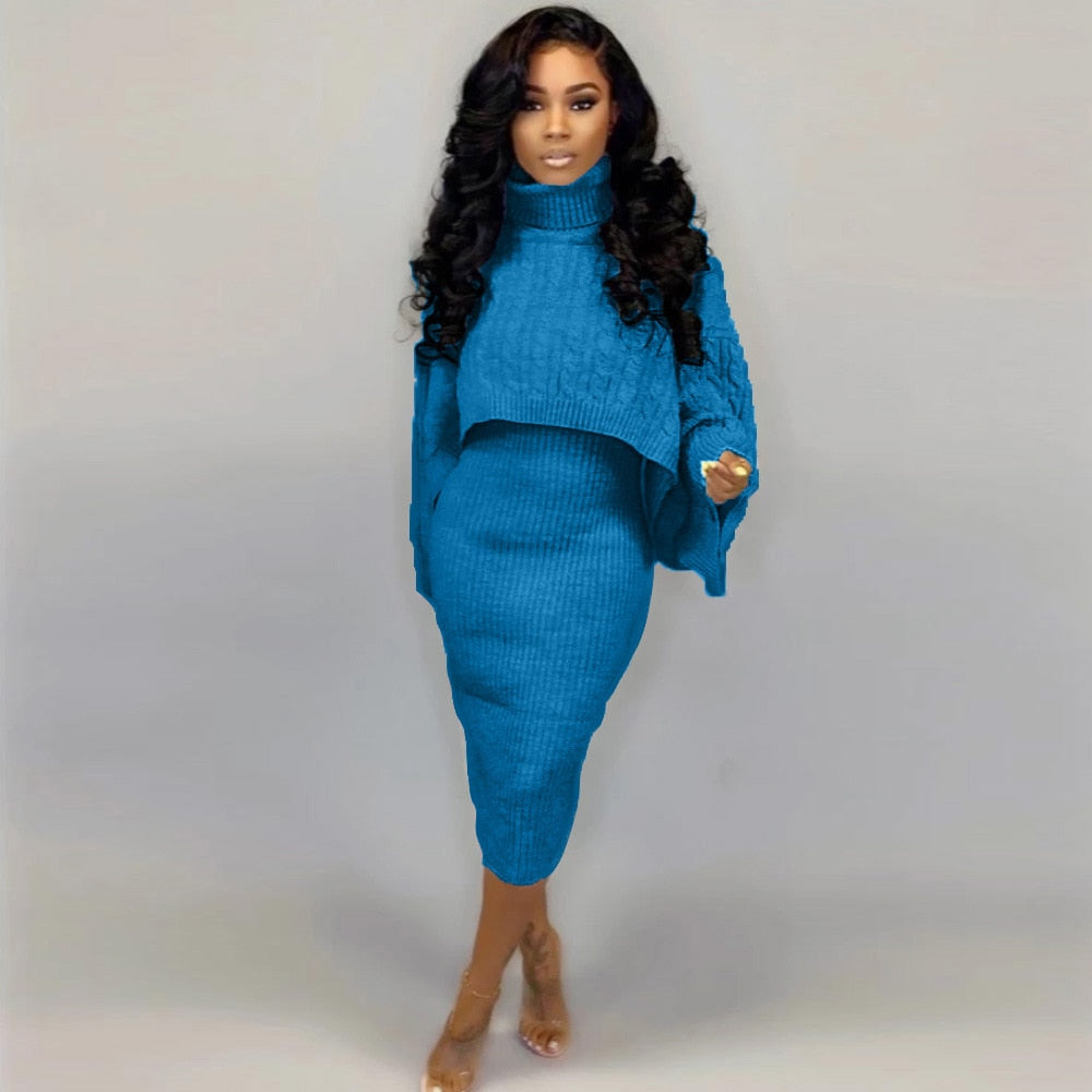 Echoine Winter Knitted Sweater Straped Dress Two Piece Set Short Turtleneck Sweater Jumper Pullovers Matching Set Party Outfits