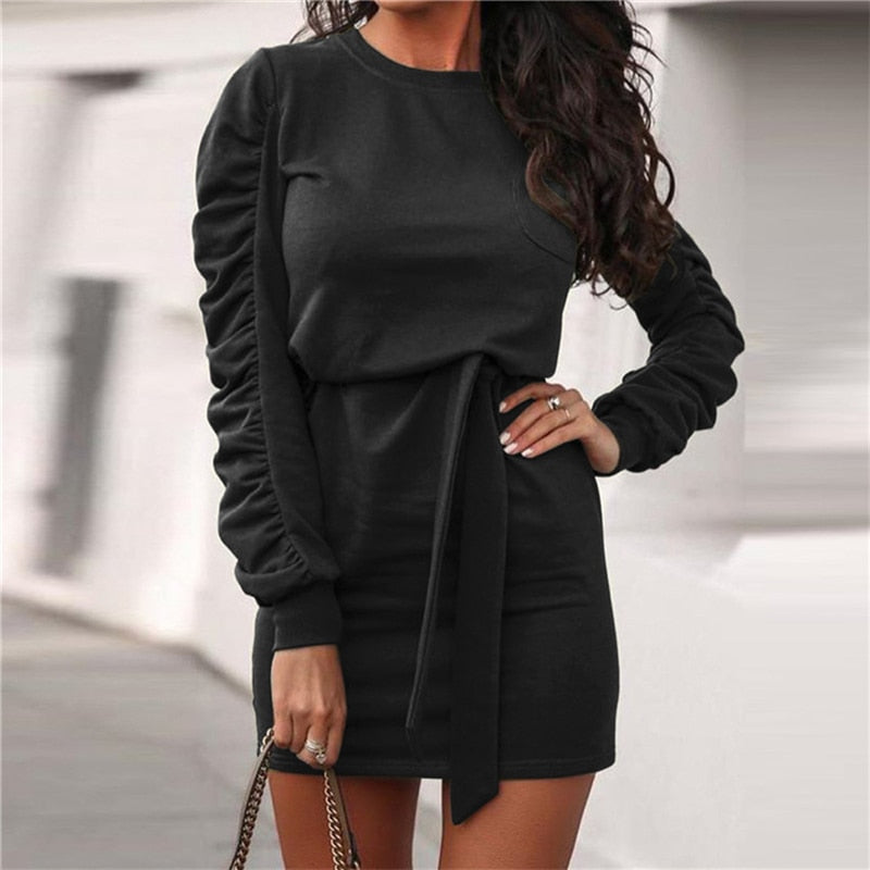 Summer Women High Waist Ruffled Sleeve Dresses Solid Color O Neck Fashion Casual Sweatshirt Dress Street Style Belt Pullovers