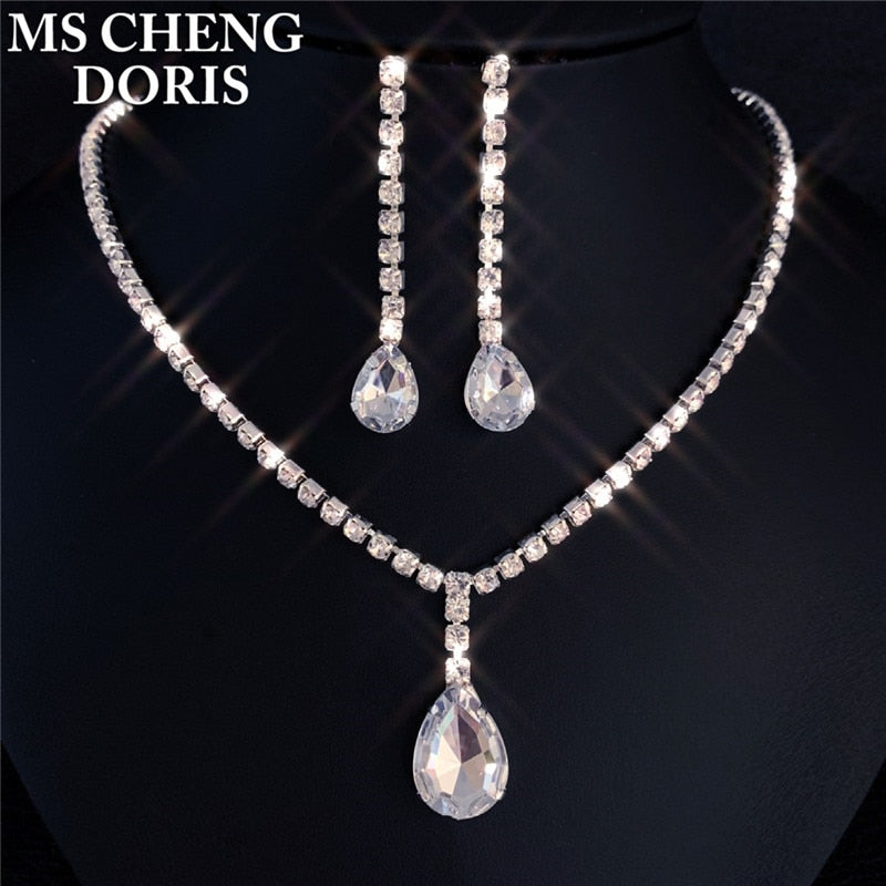 Water Drop Rhinestone Long Pendant Full Crystal Silver Plated Necklace & Earrings Elegant Bridal Wedding Jewelry Set