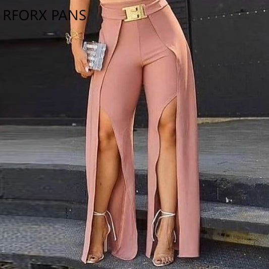 Women Solid Long Slit Pants With Belt Sexy Casual Pants Fashion Pants