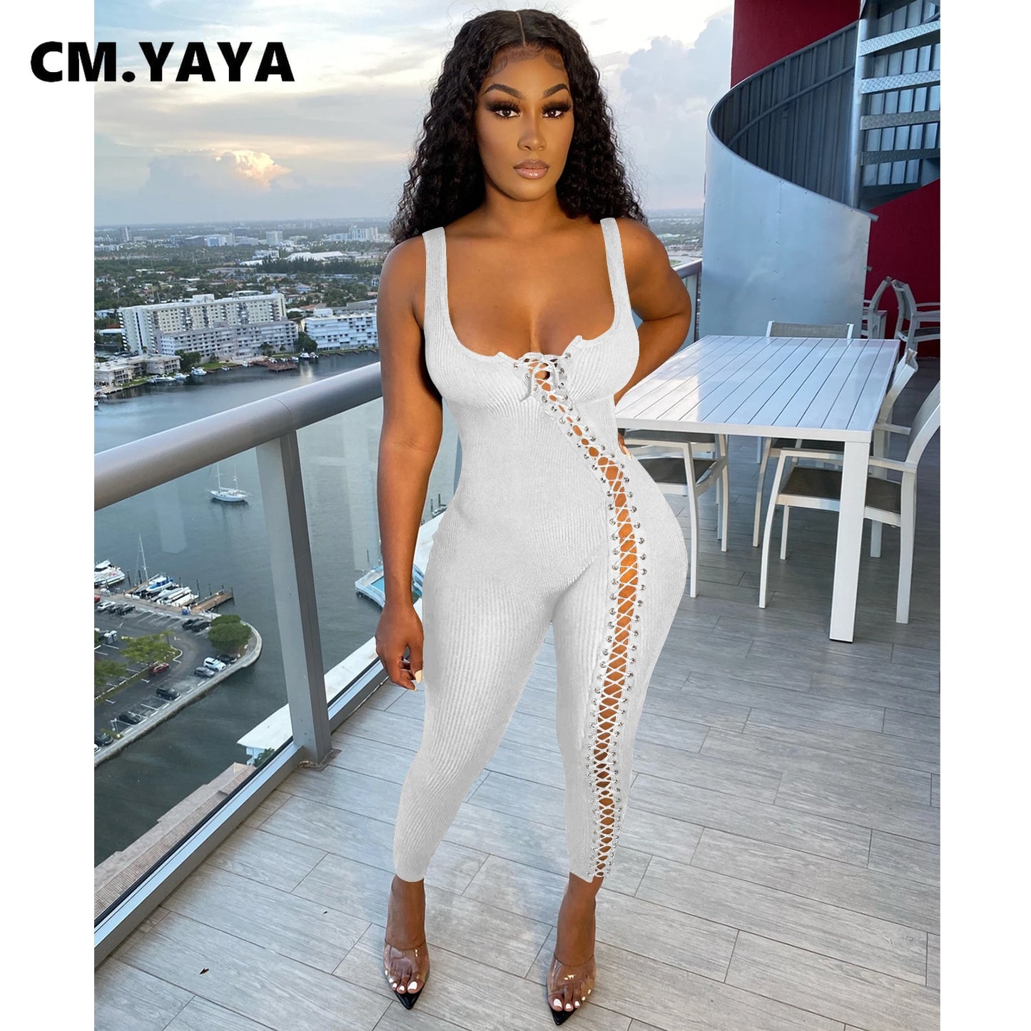 CM.YAYA Women Jumpsuit Solid Sleeveless Squar Collar Bandage Stretchy Bodycon Skinny Jumpsuits Sexy Fashion Outfit Summer 2021