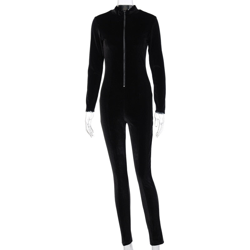 Hawthaw Autumn Winter Women Long Sleeve Velvet Zipper Fitness Bodycon Jumpsuit Overall 2021 Fall Clothes Streetwear Wholesale