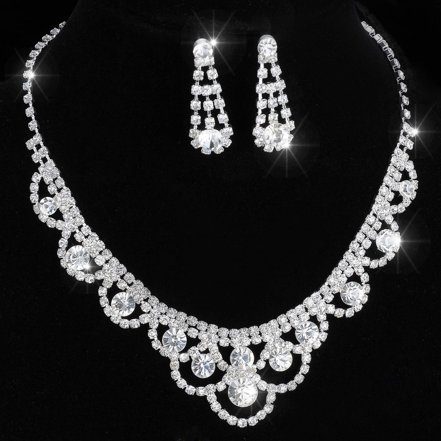 Silver Color Rhinestone Crystal Bridal Jewelry Set Earrings Necklace Wedding Geometric Elegant Romantic Bridesmaid Jewelry Sets