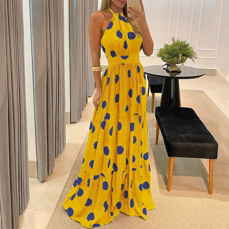 Women Tropical Print Halter Backless Strapless Maxi Dress 2021 Summer Sexy Sleeveless Beach Dress Sundress Vacation