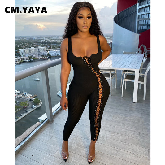 CM.YAYA Women Jumpsuit Solid Sleeveless Squar Collar Bandage Stretchy Bodycon Skinny Jumpsuits Sexy Fashion Outfit Summer 2021