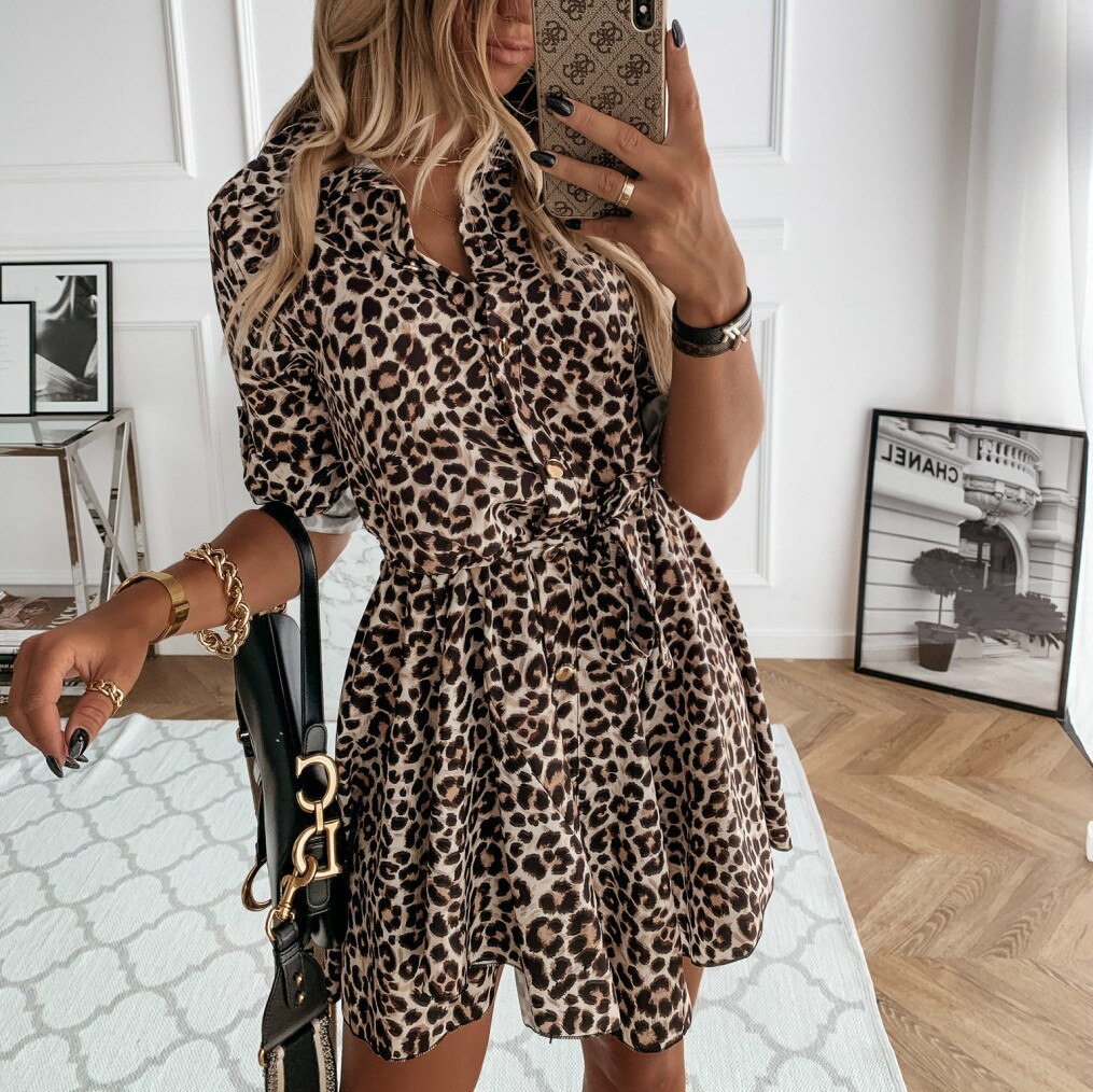 Fashion Autumn Women Leopard Printed Shirts Dress Tie Waist Roll up Sleeve Buttons Turn-down Collar Pleated Dress