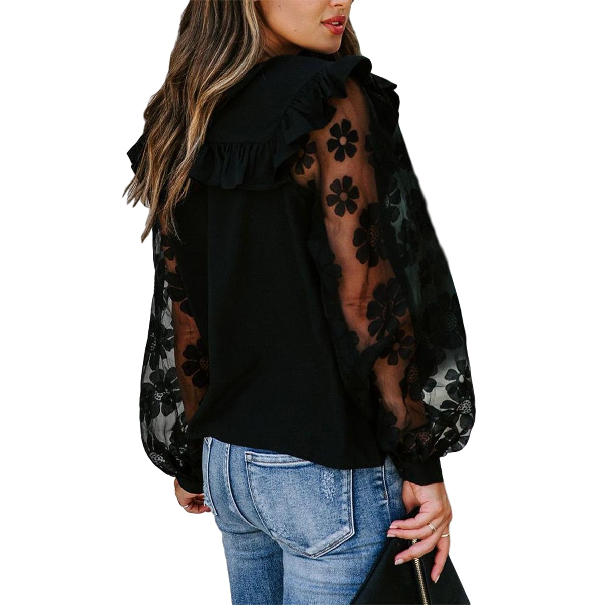 Woman Mesh Patchwork Round Neck Long Sleeve Blouse Tops Fashion Black Lace Transparent Flower Bubble Sleeve Pullover