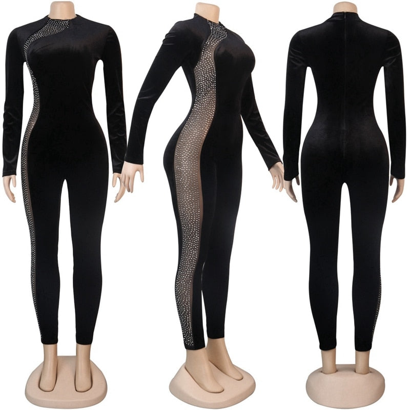 Black Velvet Jumpsuit Women Elegance Rhinestone Patchwork Mesh Bodycon Sexy Jumpsuit Clubwear Woman Jumpsuit Spring 2021 Pants