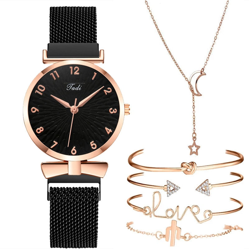 Luxury Women Watches 6pcs Set Elegant Female Wristwatches Magnetic Mesh Band Rose Woman Watch Bracelet montre femme reloj mujer