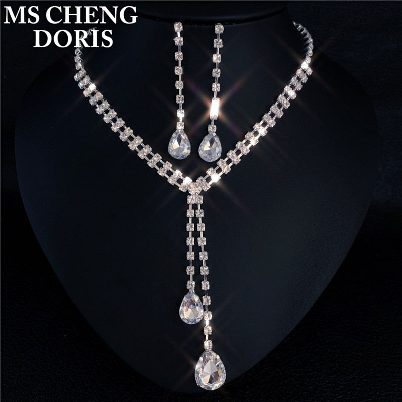 Water Drop Rhinestone Long Pendant Full Crystal Silver Plated Necklace & Earrings Elegant Bridal Wedding Jewelry Set