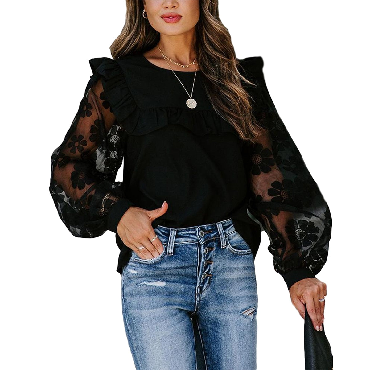 Woman Mesh Patchwork Round Neck Long Sleeve Blouse Tops Fashion Black Lace Transparent Flower Bubble Sleeve Pullover