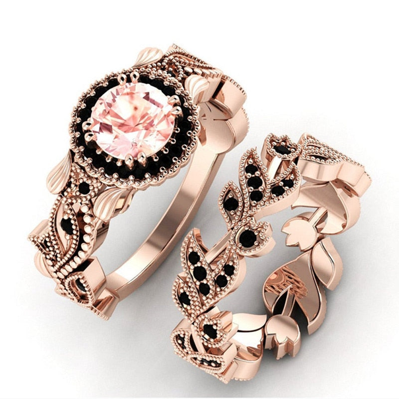 FDLK     2020 New Design Women Rose Gold Flower Leaves Inlaid Powder Zircon Ring Bride Engagement Wedding Jewelry Ring Set