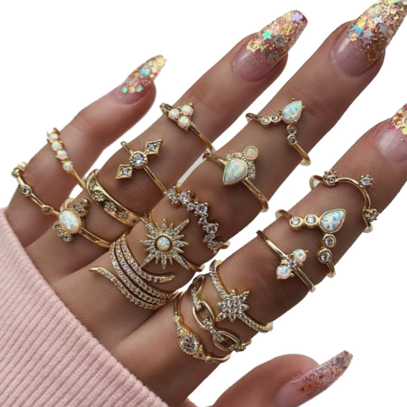 Tocona Boho 17pcs/sets Luxury Clear Crystal Stone Wedding Ring for Women Men Water Drop Flowers Sun Geoemtric Jewelry кольца