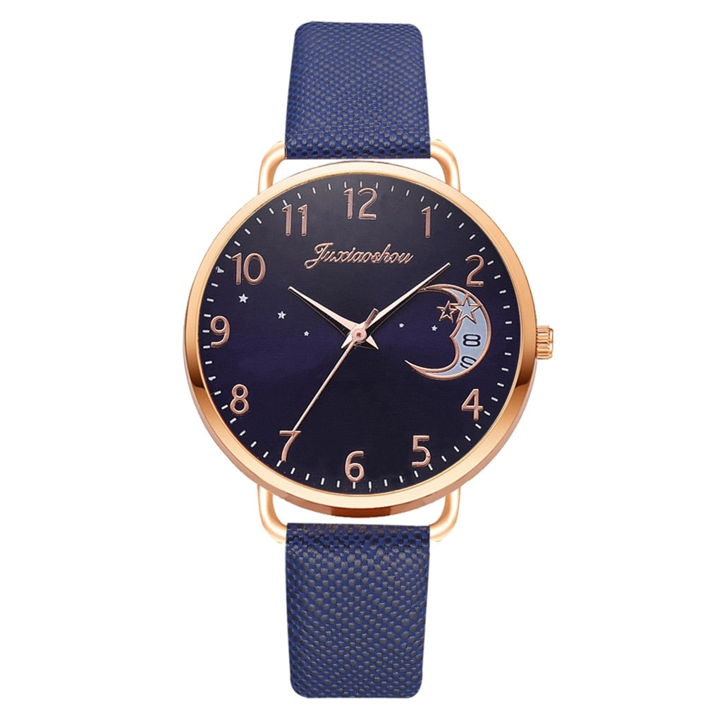 Women Watch Moon Numbers Dial Bracelet Watches Set Ladies Leather Band Quartz Wristwatch Women Female Clock Relogio Mujer Hot