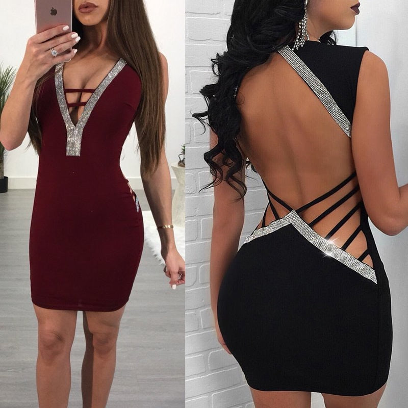 Women Dress Elegant Sexy Ladies Deep V- Neck Sequin Bandage Bodycon Evening Party Short Mini Backless Bandage Sheath Clothing