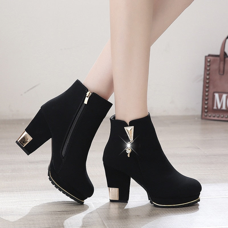 2020 new Ankle Boots Women Platform High Heels Female Side zipper Short Boot Casual Ladies velvet warm Rhinestone Botas Mujer