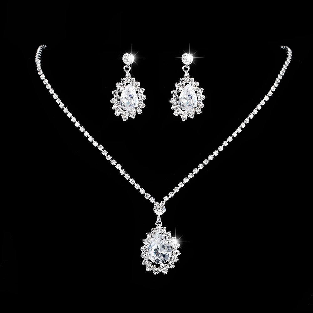 Water Drop Rhinestone Long Pendant Full Crystal Silver Plated Necklace & Earrings Elegant Bridal Wedding Jewelry Set