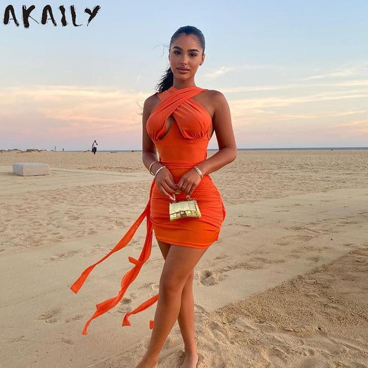 Akaily Autumn Sexy White Dresses For Women 2021 Bandage Ruched Orange Mini Dress Ladie Sleeveless Bodycon Dress Club Rave Outfit