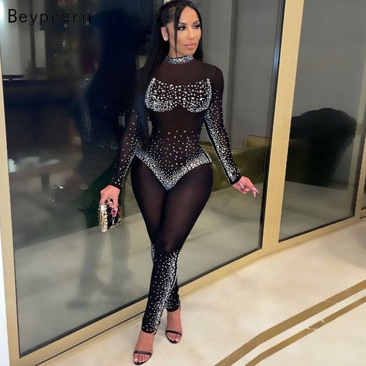Beyprern Beautiful Mesh Crystal Embellished Jumpsuit Women Rompers New Glam See Through Mesh Sequins Jumpsuit Birthday Outfits
