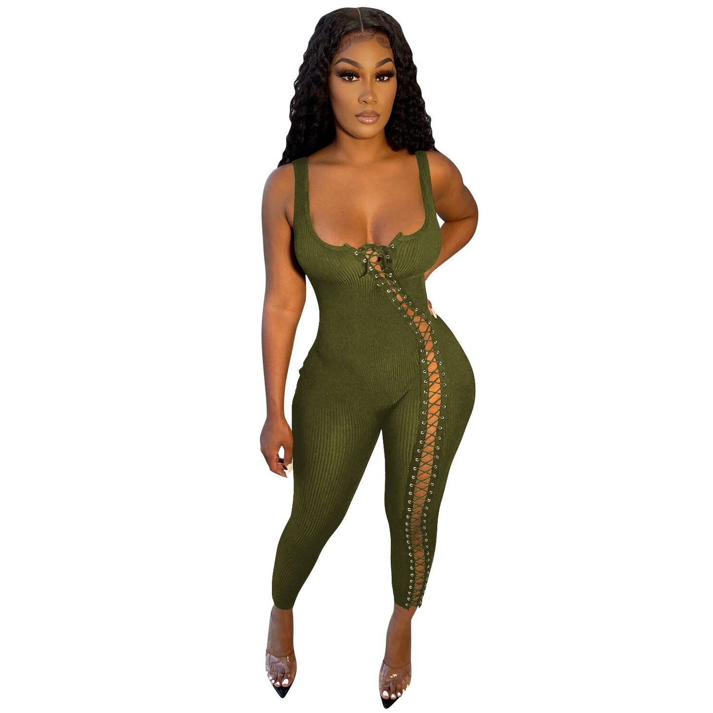 CM.YAYA Women Jumpsuit Solid Sleeveless Squar Collar Bandage Stretchy Bodycon Skinny Jumpsuits Sexy Fashion Outfit Summer 2021