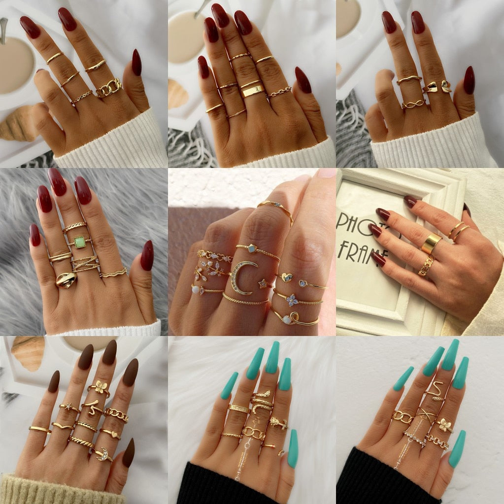 FNIO Bohemian Gold Chain Rings Set For Women Fashion Boho Coin Snake Moon Rings Party 2021 Trend Jewelry Gift