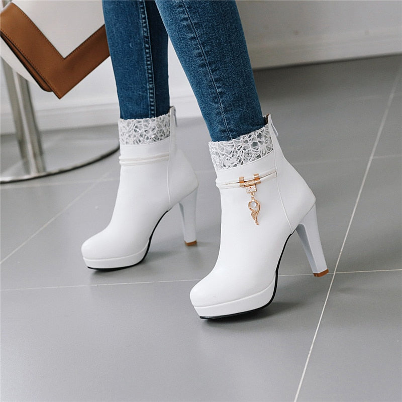 YMECHIC Fashion High Heels Woman Booties Lace Design Princess Platform Party Wedding Womens Shoes White Black Ankle Boots Winter