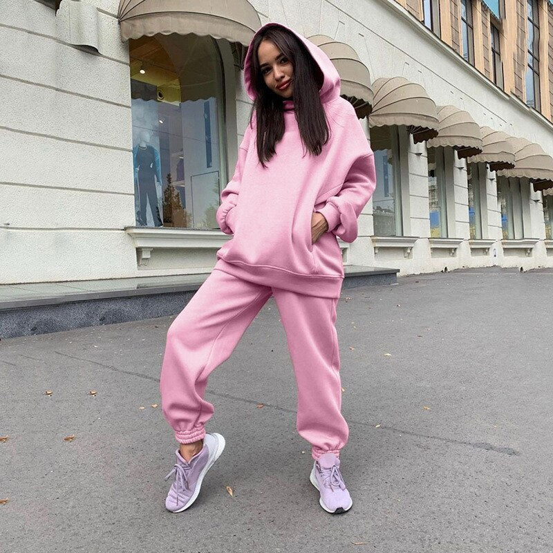 Casual Two Piece Set Hoodie Solid Color Short Tops And Long Pants Loose 2 Piece Set Women Fashion Sexy Sport Female Tracksuits