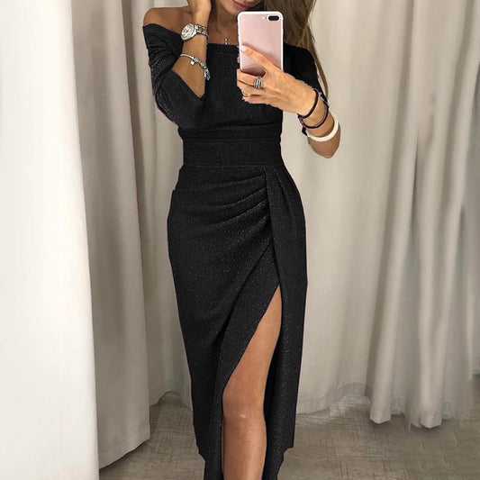 Fashion Elegant Lady Evening Party Dresses 2021 Autumn Women's Clothing Off Shoulder High Waist Sexy Club Slash Neck Midi Dress