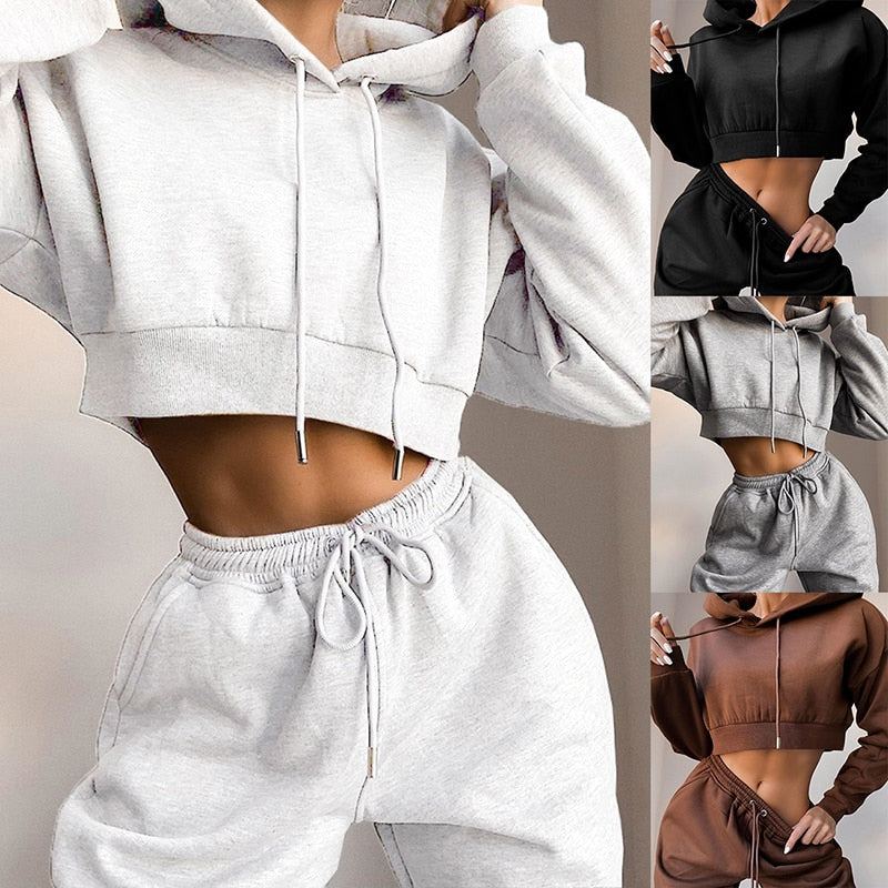 Casual Two Piece Set Hoodie Solid Color Short Tops And Long Pants Loose 2 Piece Set Women Fashion Sexy Sport Female Tracksuits