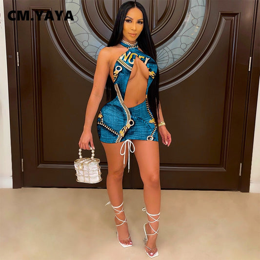 CM.YAYA Fake Jean Print Backless Midi Dress for Sexy Club Night Party Beach Halter Neck Drawstring Ruched Midi Bodycon Dresses