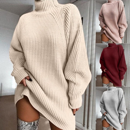 2021 Autumn and Winter New Product Knitwear Mid-length Raglan Sleeve Half Turtleneck Sweater Dress