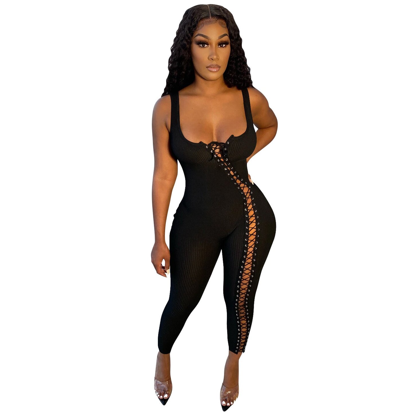 CM.YAYA Women Jumpsuit Solid Sleeveless Squar Collar Bandage Stretchy Bodycon Skinny Jumpsuits Sexy Fashion Outfit Summer 2021