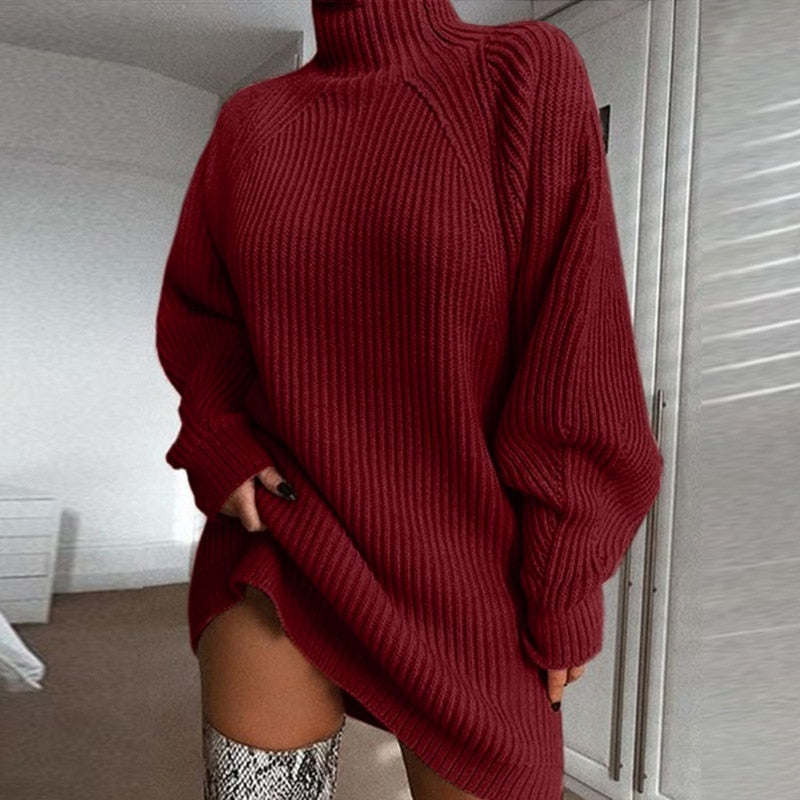 2021 Autumn and Winter New Product Knitwear Mid-length Raglan Sleeve Half Turtleneck Sweater Dress