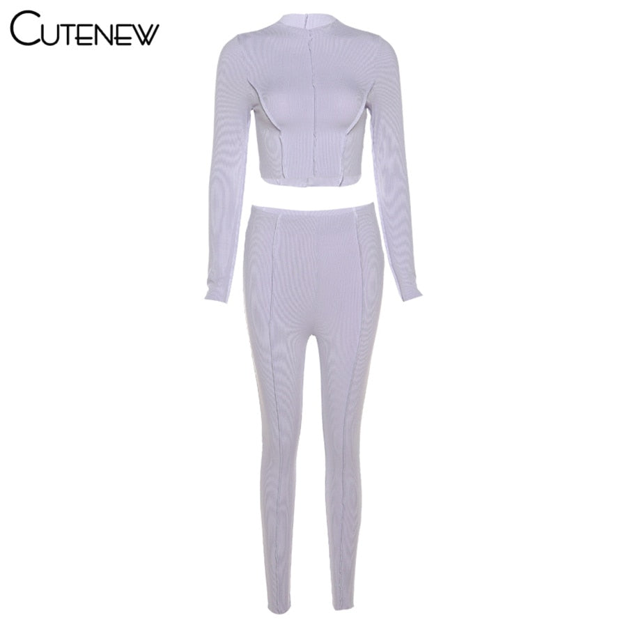 Cutenew Autumn Solid Two Piece Set Women's Outfits Half High Collar Long Sleeve Crop Top+Skinny Leggings Lady Casual Sporty Suit