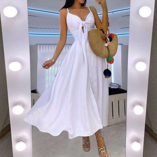 Summer Boho Swing Frenulum Long Dress Women Fashion Daily Beach Holiday Strapless V-Neck Dress Charming Print Ladies Dress
