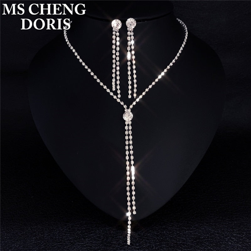 Water Drop Rhinestone Long Pendant Full Crystal Silver Plated Necklace & Earrings Elegant Bridal Wedding Jewelry Set