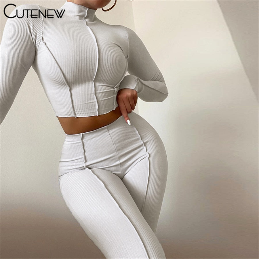 Cutenew Autumn Solid Two Piece Set Women's Outfits Half High Collar Long Sleeve Crop Top+Skinny Leggings Lady Casual Sporty Suit