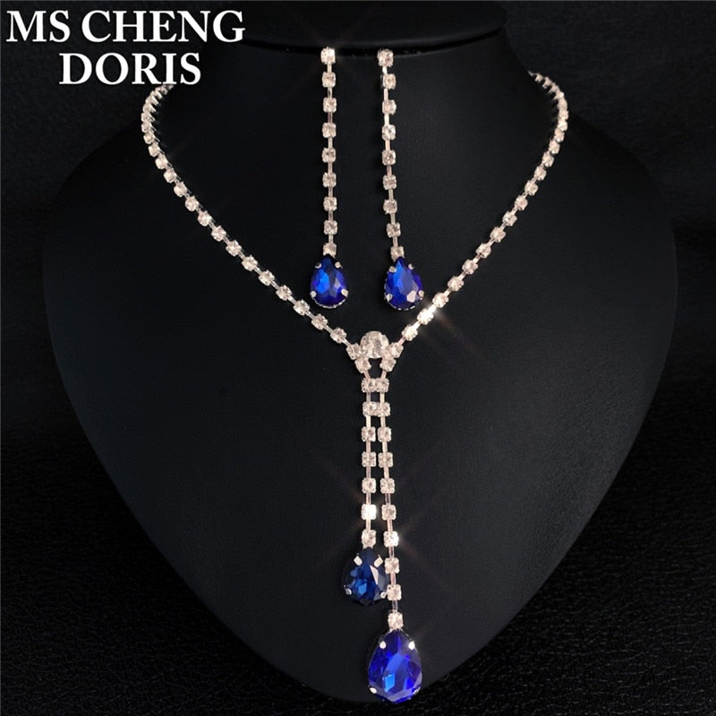 Water Drop Rhinestone Long Pendant Full Crystal Silver Plated Necklace & Earrings Elegant Bridal Wedding Jewelry Set