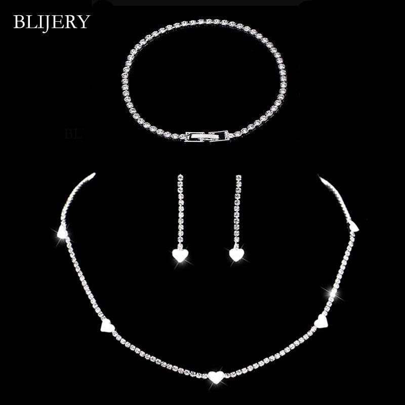 BLIJERY Fashion Crystal Bridal Jewelry Sets Silver Color Geometric Choker Necklace Earrings Bracelet Wedding Jewelry Sets