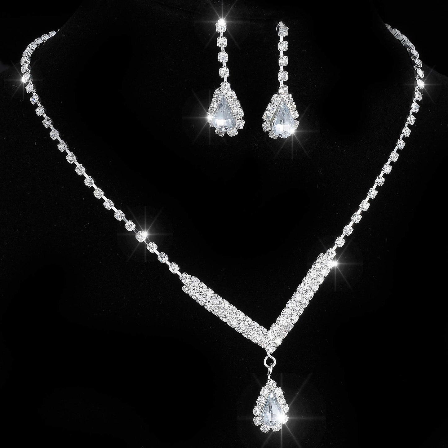 Silver Color Rhinestone Crystal Bridal Jewelry Set Earrings Necklace Wedding Geometric Elegant Romantic Bridesmaid Jewelry Sets