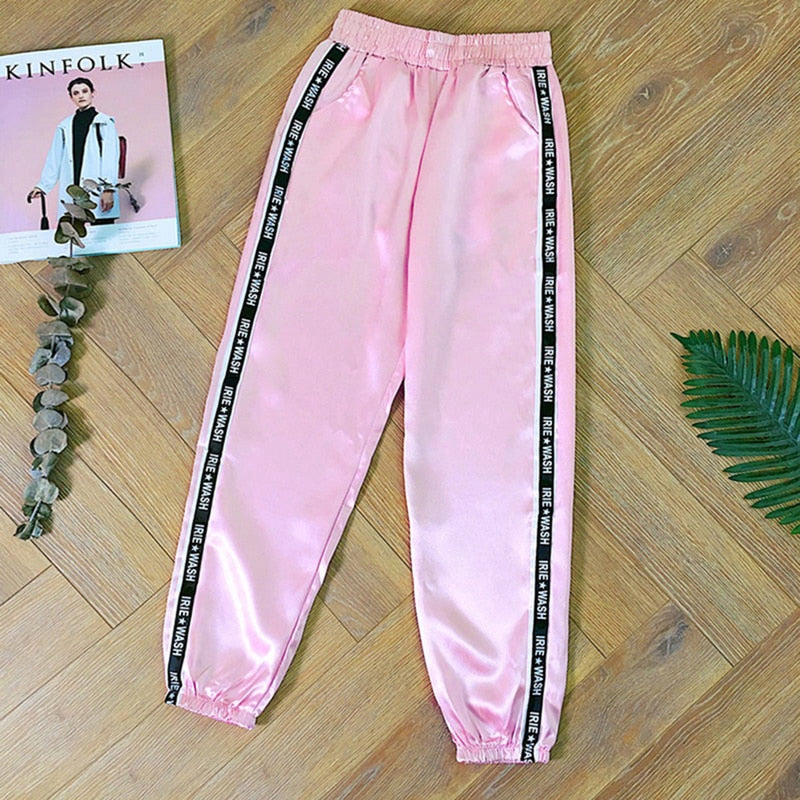 2021 Fashion Women Big Pocket Satin  Pants Glossy Sport Ribbon Trousers BF Harajuku Joggers Sports Pants Gym Leggings Dropship