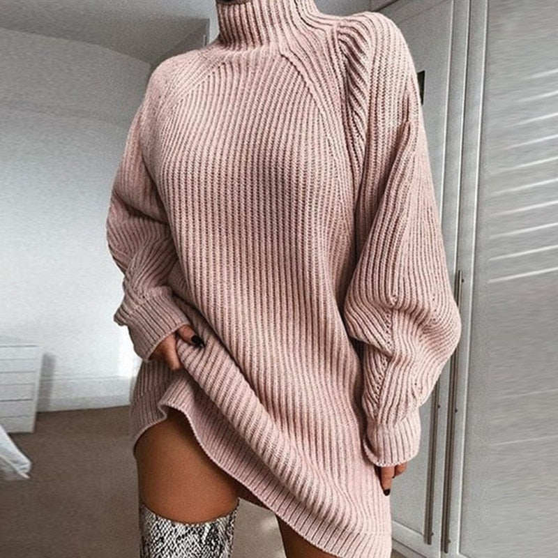 2021 Autumn and Winter New Product Knitwear Mid-length Raglan Sleeve Half Turtleneck Sweater Dress