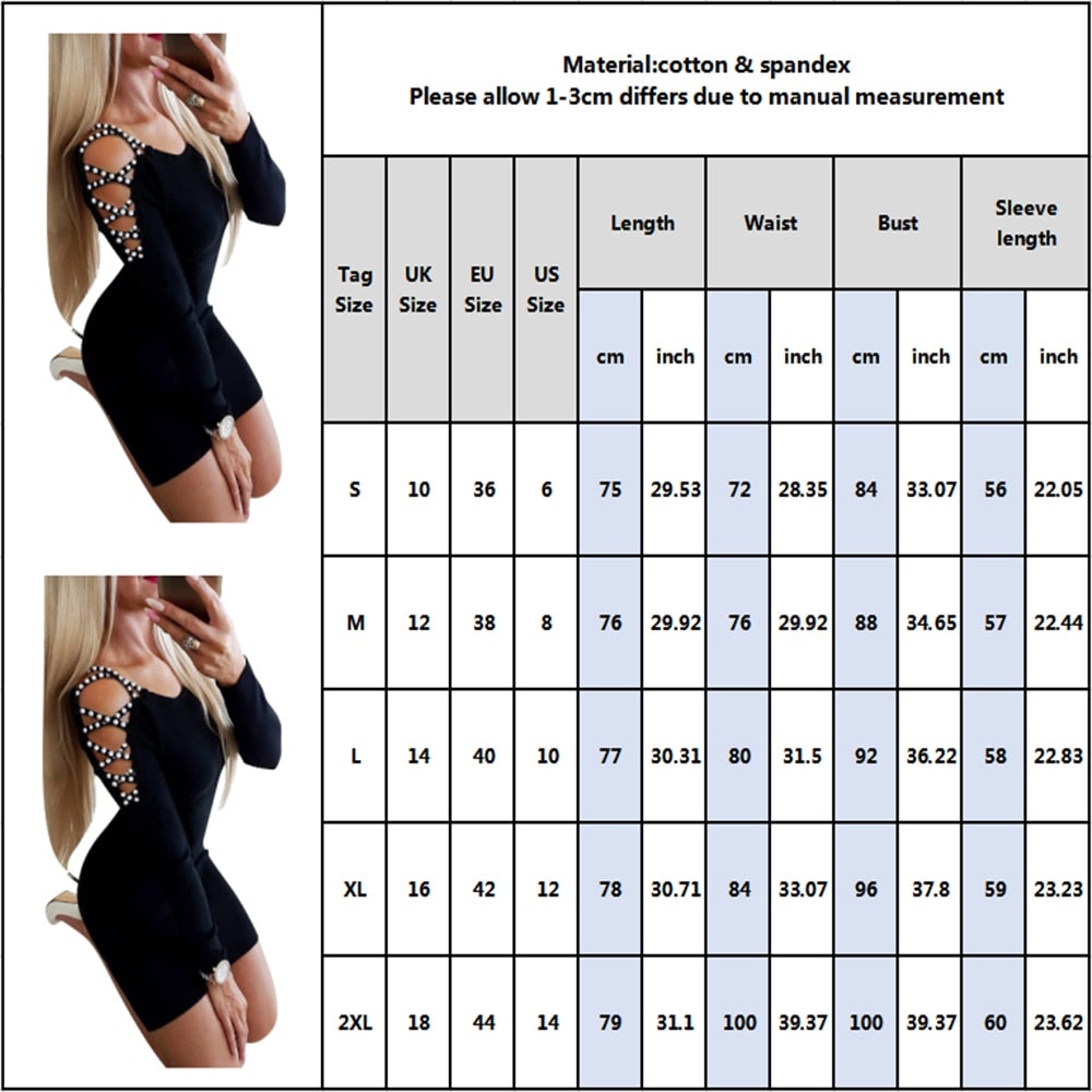 Wrap Dresses Beading Hollow Out Sexy Dress Women 2019 Autumn Winter Fashion Long Sleeve Ladies Black Sheath Bodycon Dress D30