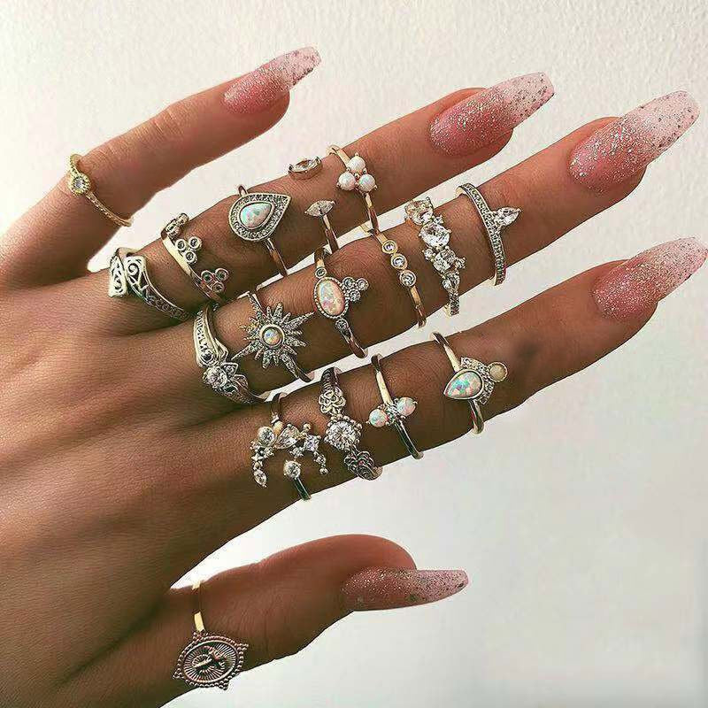 Tocona Boho 17pcs/sets Luxury Clear Crystal Stone Wedding Ring for Women Men Water Drop Flowers Sun Geoemtric Jewelry кольца