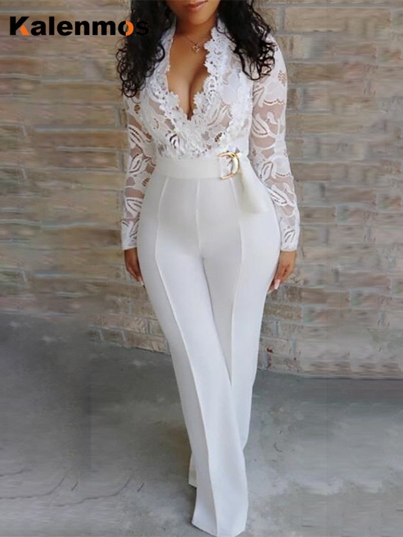 Jumpsuit Women Lace Rompers Long Sleeve V-neck Long Overalls Trench Classy Formal Party Elegant Runway Outfits Work Plus Size